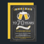 Cheers and Beers 70th Birthday Invitation Card<br><div class="desc">Salutations et bières 70e anniversaire Invitation Card avec arrière - plan en tableau noir. 16ème 18ème 21ème 30ème 40ème 60ème 70ème 80ème 90ème 100ème. N'Importe Quel Âge. Pour plus de personnalisation,  cliquez sur le bouton "Customiser" et utilisez notre outil de conception pour modifier ce modèle.</div>