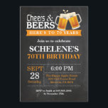 Cheers and Beers 70th Birthday Invitation Card<br><div class="desc">Salutations et bières 70e anniversaire Invitation Card. Anniversaire adulte. Orange. 16ème 18ème 21ème 30ème 40ème 60ème 70ème 80ème 90ème 100ème. N'Importe Quel Âge. Pour plus de personnalisation,  cliquez sur le bouton "Customiser" et utilisez notre outil de conception pour modifier ce modèle.</div>