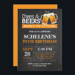 Cheers and Beers 70th Birthday Invitation Card<br><div class="desc">Salutations et bières 70e anniversaire Invitation Card. Anniversaire adulte. Orange. 16ème 18ème 21ème 30ème 40ème 60ème 70ème 80ème 90ème 100ème. N'Importe Quel Âge. Pour plus de personnalisation,  cliquez sur le bouton "Customiser" et utilisez notre outil de conception pour modifier ce modèle.</div>