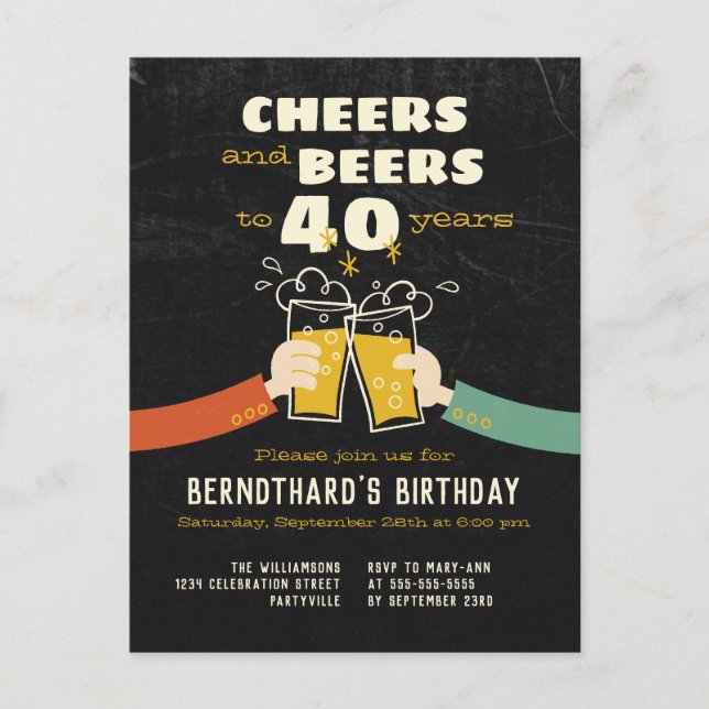 Cheers And Beers To 40 Years Retro Invitation (Devant)
