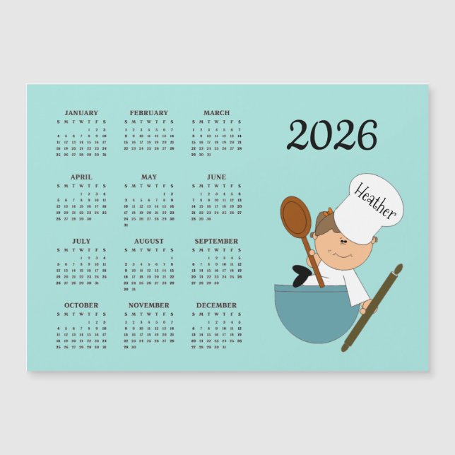 Chef Baker Design 2026 Calendar Magnetic Card (Devant)