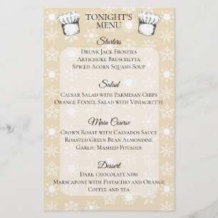 Chef casquette snowflakes Noël menu du dîner