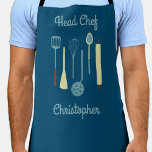 Chef chef tablier personnalisé<br><div class="desc">Fun Head Chef Design avec des outils de cuisine pour votre chef,  cuisinier ou expert grill préféré. Modifiez le nom pour personnaliser.</div>