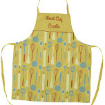 Chef chef tablier personnalisé<br><div class="desc">Fun Head Chef design avec des outils de cuisine rétro pour votre chef préféré, cuisinier ou expert grill. Modifiez le nom pour personnaliser.</div>