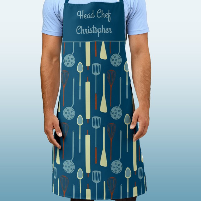 Chef chef tablier personnalisé (Head Chef personalized name retro kitchen utensils apron)