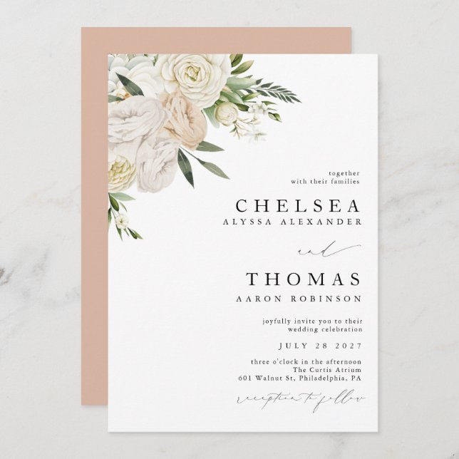 CHELSEA Watercolor White Blooms Wedding Invitation (Devant / Derrière)