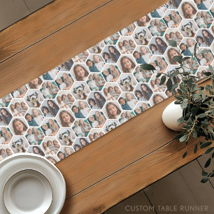 Chemin De Table Court 7 Photo Collage - funky honeycomb motif - blanc