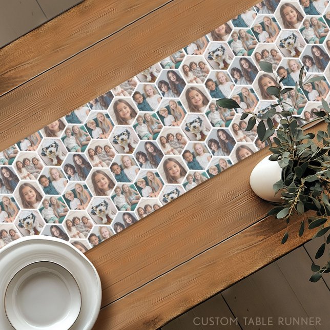 Chemin De Table Court 7 Photo Collage - funky honeycomb motif - blanc (Custom Photo Table Runner - Instant Photo Collage)