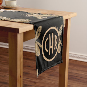 Chemin De Table Court Abeilles noires et d'or et monogramme d'abeille ro