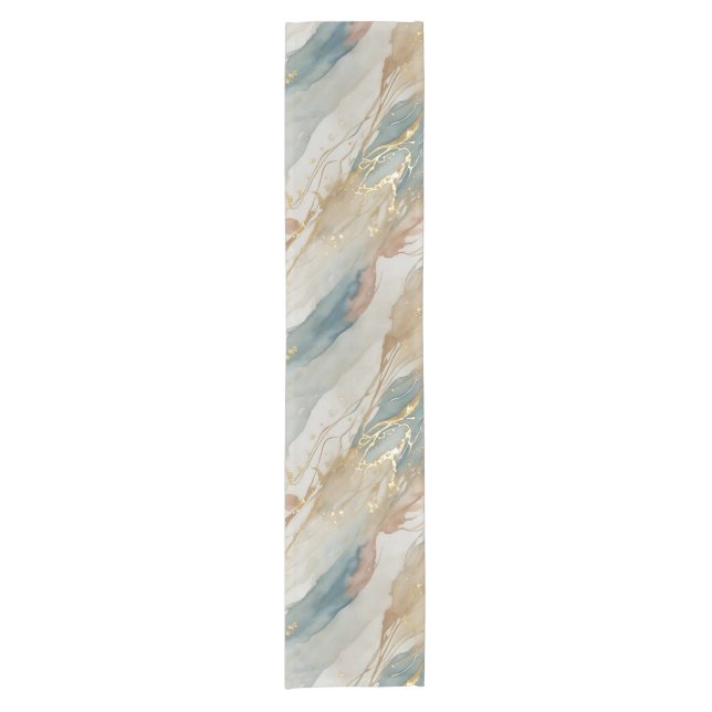 Chemin De Table Court Aquarelle beige et bleu Marbre Abstrait (Devant)