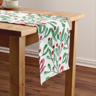 Chemin De Table Court Aquarelle de Noël Rustique Mistletoe