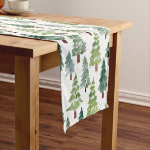 Chemin De Table Court Aquarelle Forêt de pin rustique Motif hiver 