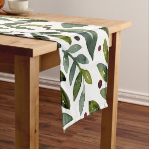 Chemin De Table Court Aquarelle verte branches saisonnières et baies