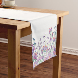 Chemin De Table Court Aquarelle violet clair Fleurs de prairie blanc