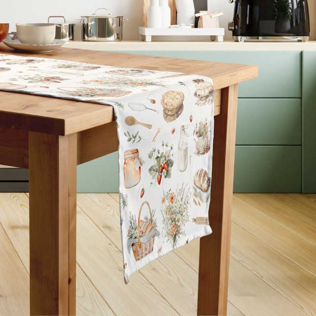 Chemin De Table Court Aquarelle Whimsical Floral Strawberry Country (In situ)