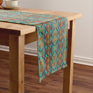 Chemin De Table Court Art Tribal Bleu Turquoise Aqua Orange