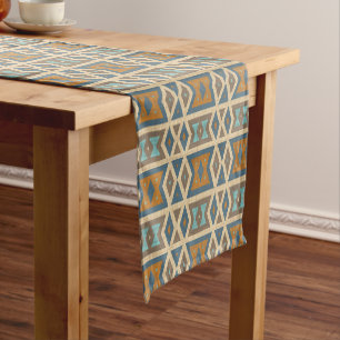 Chemin De Table Court Art Tribal Bleu Turquoise Sarcelle Orange Brun Tan