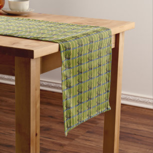 Chemin De Table Court Bandes vertes et jaunes avec coureur de table bleu