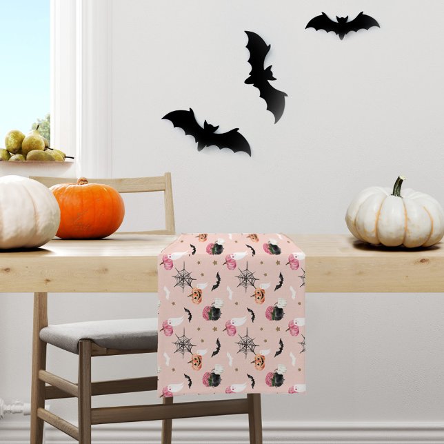 Chemin De Table Court Bat Web Citrouille Halloween rose et orange amusan (Fun Halloween Pink & Orange Pumpkin Spider Web Bat Short Table Runner)