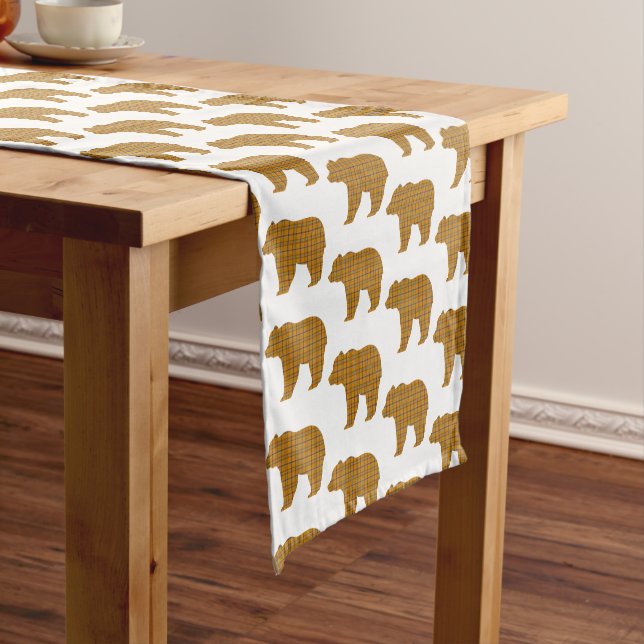 Chemin De Table Court Bear Shape Plaid Orange Light Blue Table Runner (In Situ)
