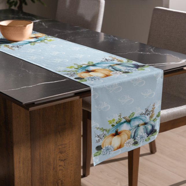 Chemin De Table Court Beau Citrouille bleu automne aquarelle automne (Créateur téléchargé)