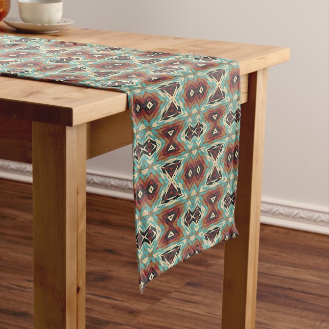 Chemin De Table Court Beige Rouge Brown Aqua Bleu Vert Black Tribal Art (In Situ)