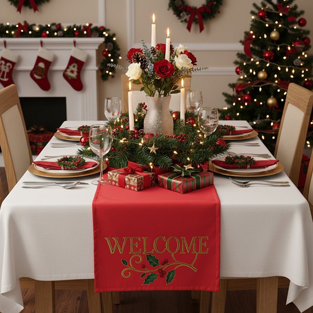 Chemin De Table Court Bienvenue invité de Noël houx  (Créateur téléchargé)