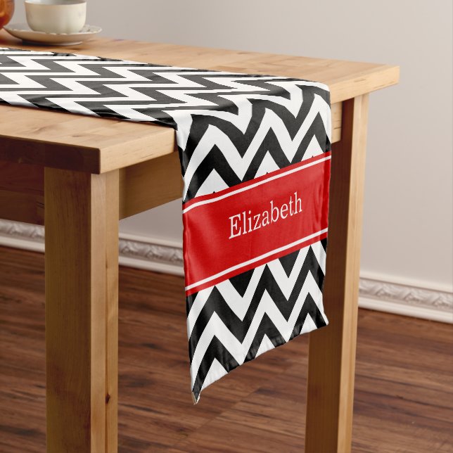 Chemin De Table Court Black White LG Chevron Red Name monogram (In Situ)