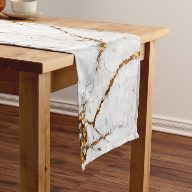 Chemin De Table Court Blanc et marbre d'or (In Situ)