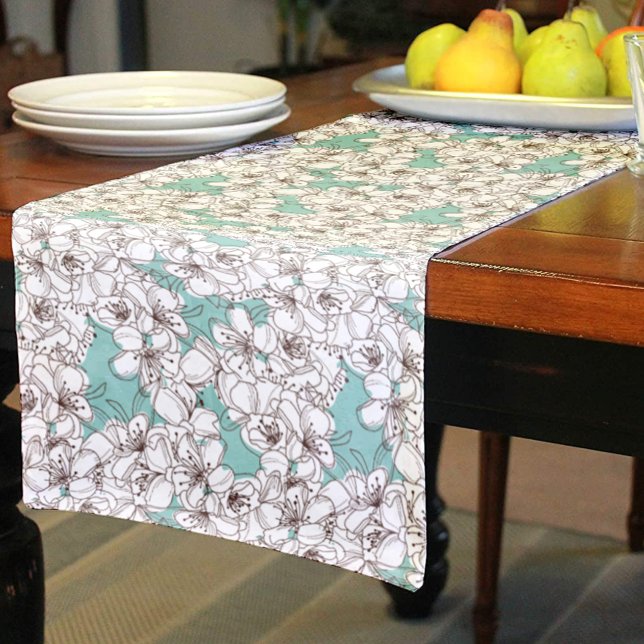 Chemin De Table Court Blanc Flora Bunch Aqua Turquoise Brown (Créateur téléchargé)