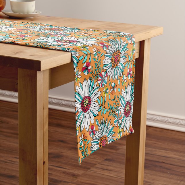 Chemin De Table Court Blanc Turquoise Jaune orange Rouge Fleurs de margu (In Situ)