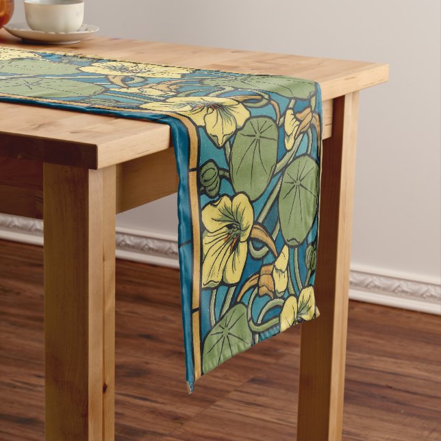 Chemin De Table Court Bleu jaune Nasturtium Fleur Nouveau Motif (In Situ)