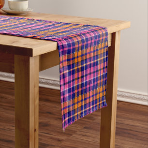 Chemin De Table Court Bleu marine rose orange carreaux design tartan