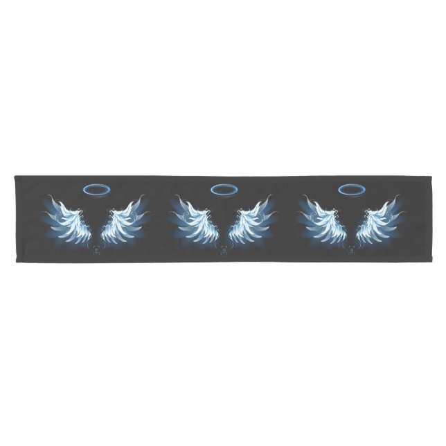 Chemin De Table Court Blue Glowing Angel Wings on black background (Horizontal)