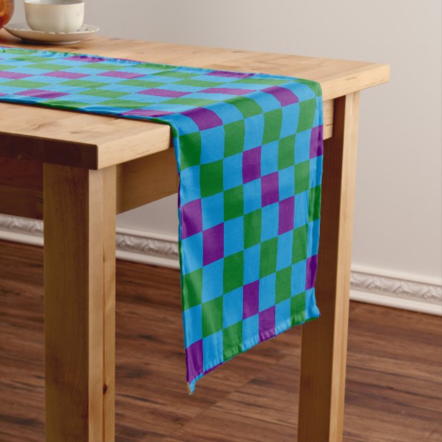 Chemin De Table Court Blue Green Purple Checkered Pattern Design  (In Situ)