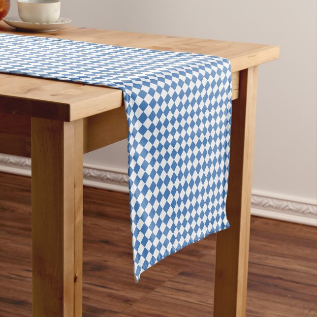 Chemin De Table Court Blue White Checker Diamond Pattern (In Situ)