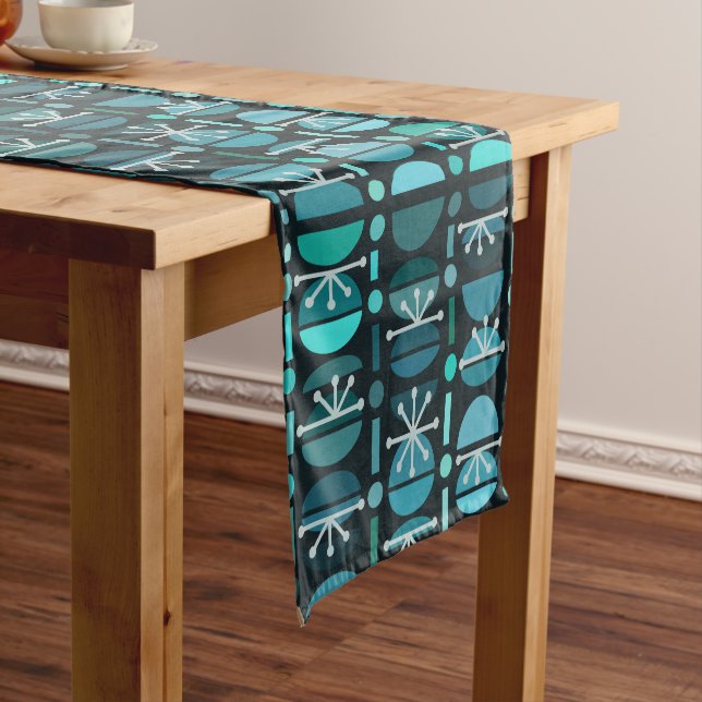 Chemin De Table Court Boho Retro Bowls Lignes Turquoises (In Situ)