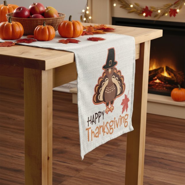Chemin De Table Court Bon thanksgiving Pèlerin mignon Turquie (Happy Thanksgiving Cute Pilgrim Turkey Short Table Runner)