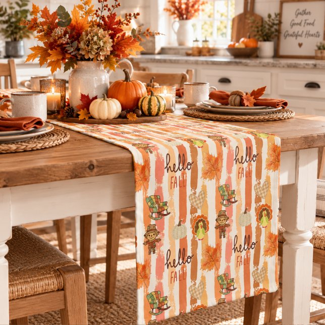 Chemin De Table Court Bonjour Automne Patchwork Rustique Feuilles Orange (Créateur téléchargé)