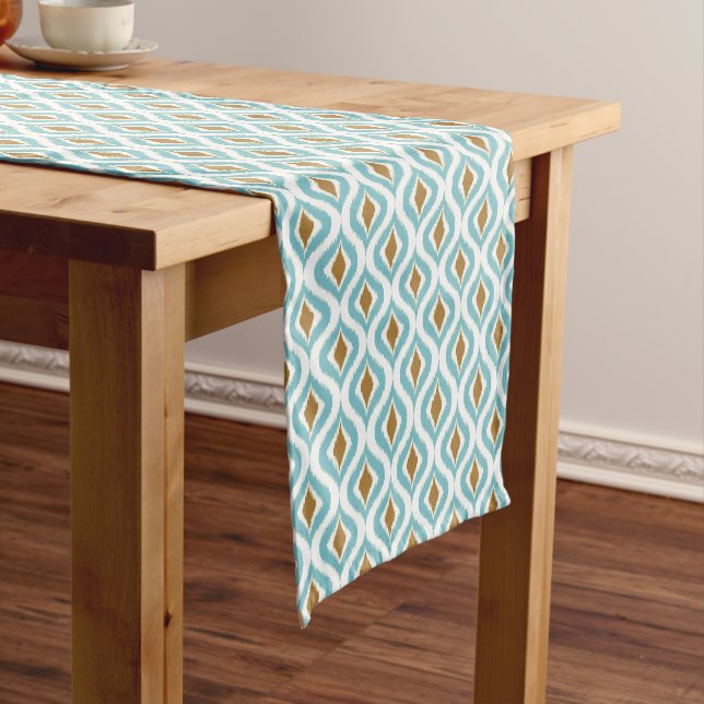 Chemin De Table Court Brown Turquoise Turquoise Bleu Ikat Ogee Motif d'a (In Situ)