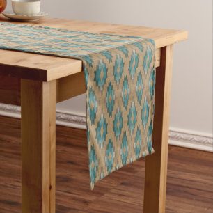 Chemin De Table Court Brun Taupe Teal Bleu Motif d'Art Tribal Ocre