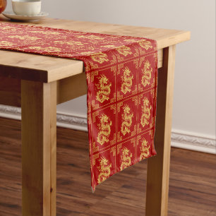 Chemin De Table Court Cadres d'ornement grec Motif de dragon d'or rouge