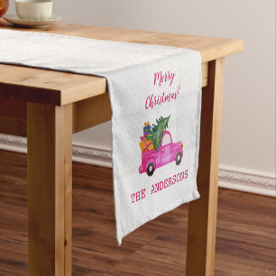 Chemin De Table Court Camion Rose De Noël Avec Arbre Et Souhaits