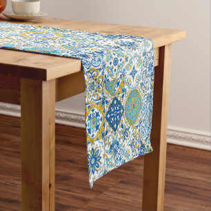 Chemin De Table Court Carreaux azulejo bleu et jaune