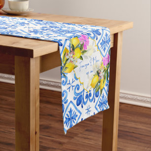 Chemin De Table Court Carreaux bleus citron Bougainvillea cadeau de mari