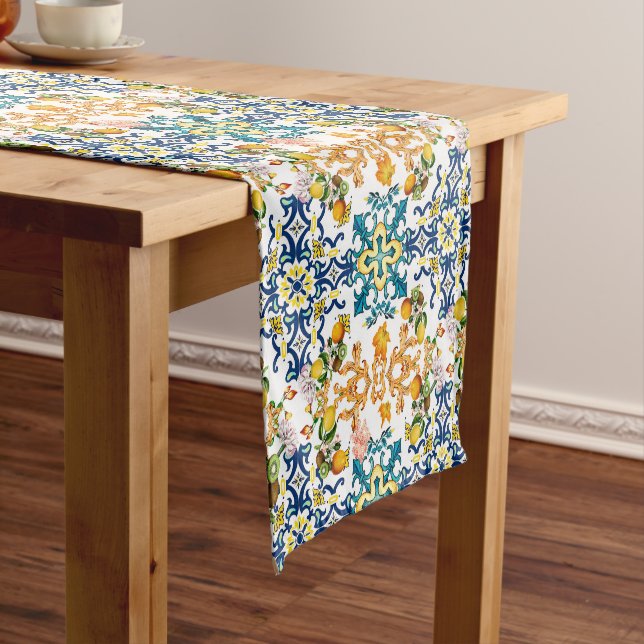 Chemin De Table Court Carreaux bleus citron Méditerranée (In Situ)