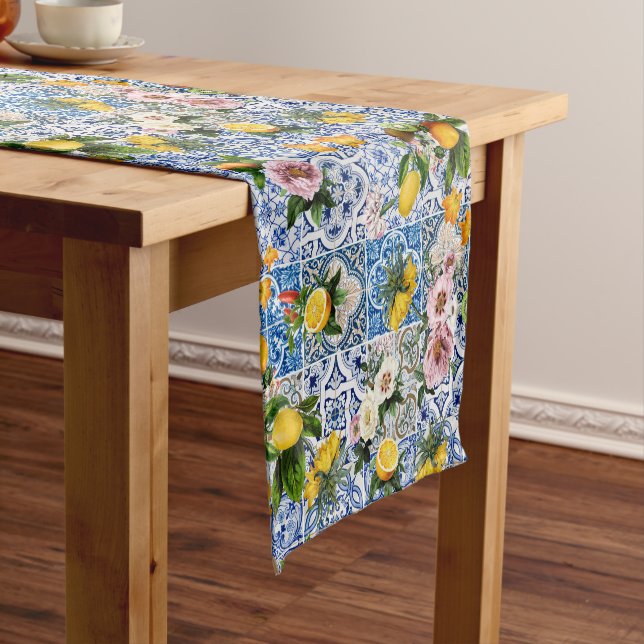 Chemin De Table Court Carreaux bleus citron Méditerranée (In Situ)