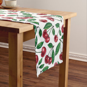 Chemin De Table Court Cerises rouges sur blanc