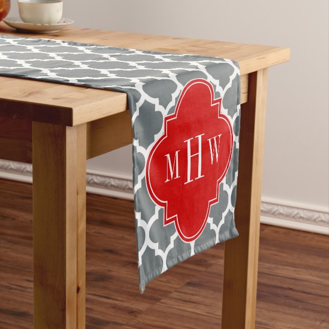 Chemin De Table Court Charcoal, White Moroccan #5 Red 3 Initial Monogram (In Situ)
