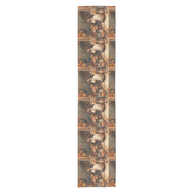 Chemin De Table Court Chat d'automne avec fleurs pour Thanksgiving (Devant)